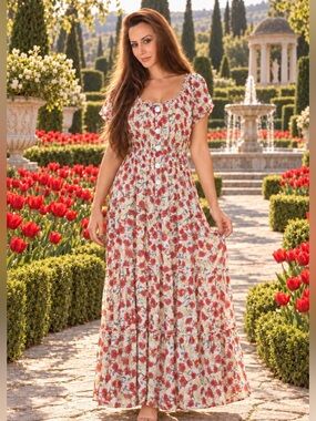 NWT Figueroa & Flower Red Poppy Floral Tiered Maxi Dress L